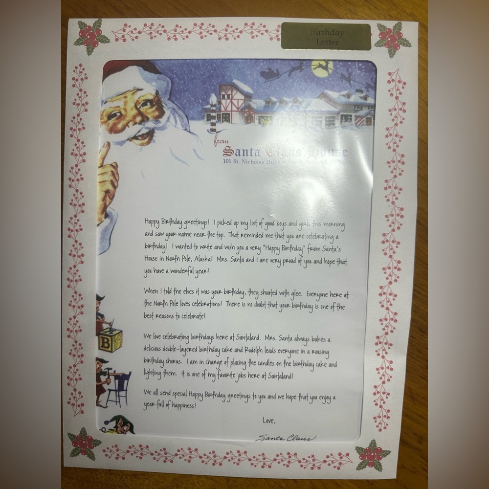 Birthday  Letter From Santa Postmarked  North Pole, Alaska, Unopened Kit